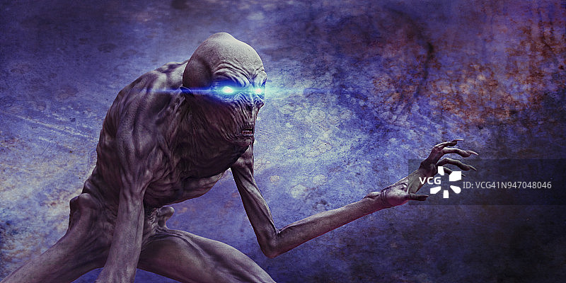 伸出骨骼手，眼睛发出蓝色光芒的可怕生物图片素材