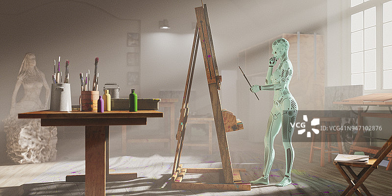 创意AI：女性机器人在艺术工作室绘画图片素材