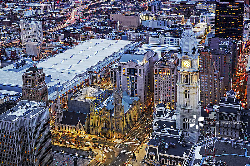 费城市政厅夜景航拍图片素材