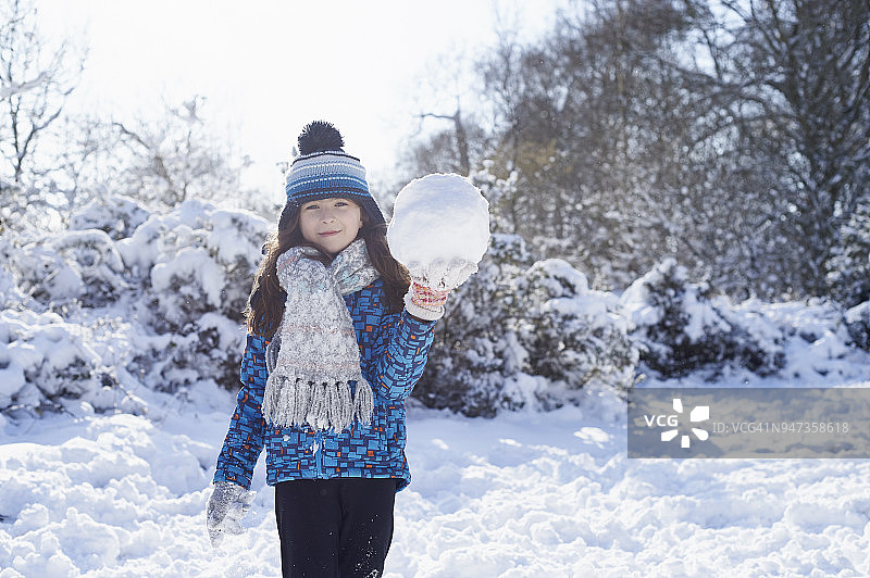 拿着大雪球的年轻女孩图片素材