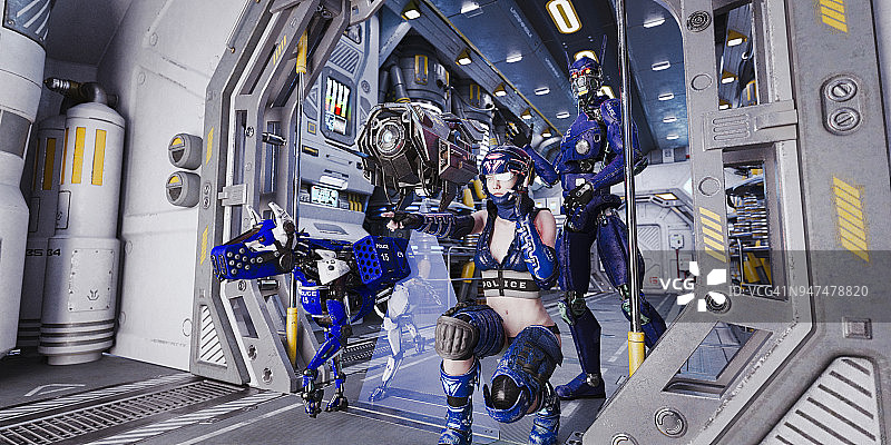 未来主义女警与机器人、无人机和机器狗图片素材