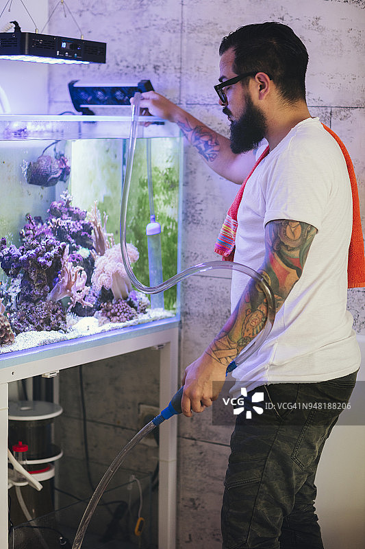 珊瑚礁鱼缸维护图片素材