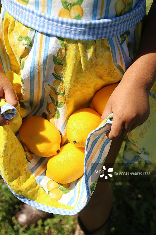 春天，年轻女孩穿着围裙拿着新鲜柠檬图片素材