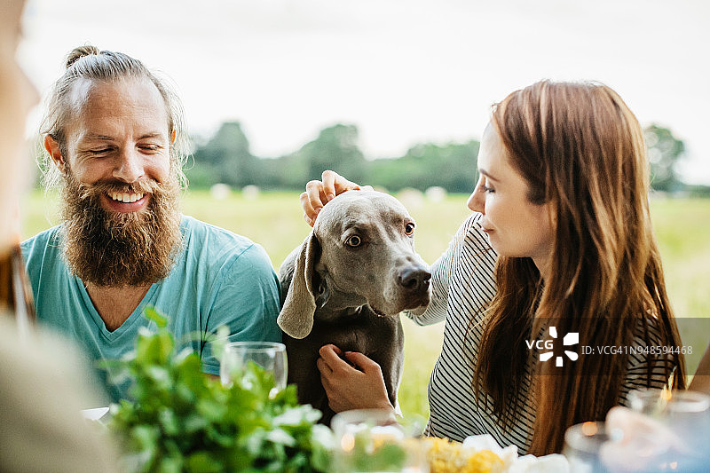 情侣在户外午餐时抚摸他们的狗图片素材