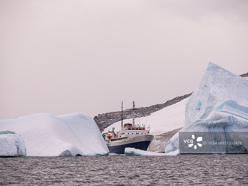 南极洲冰山旁的考察船图片素材