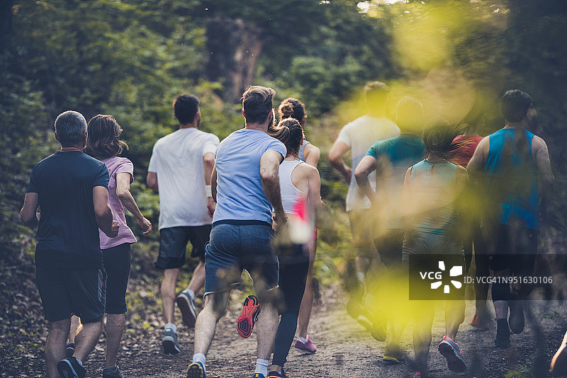 森林马拉松比赛中跑步者的背影图片素材