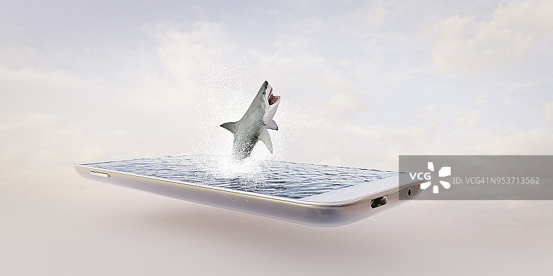 微缩世界：手机中跃出海面的大白鲨图片素材