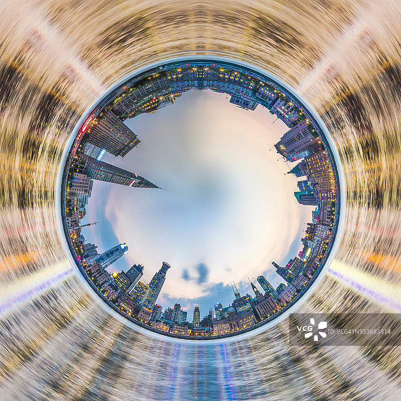 旋转的小星球，上海外滩城市景观横截面图片素材