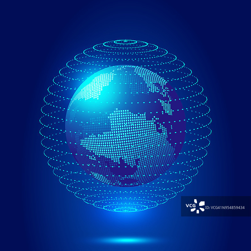 由点、粒子和数字地球组成的三维球体，以及全球网络技术和技术概念的抽象图形图片素材