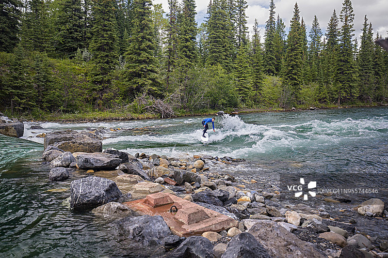 穿着蓝色潜水服的男人在河中冲浪图片素材