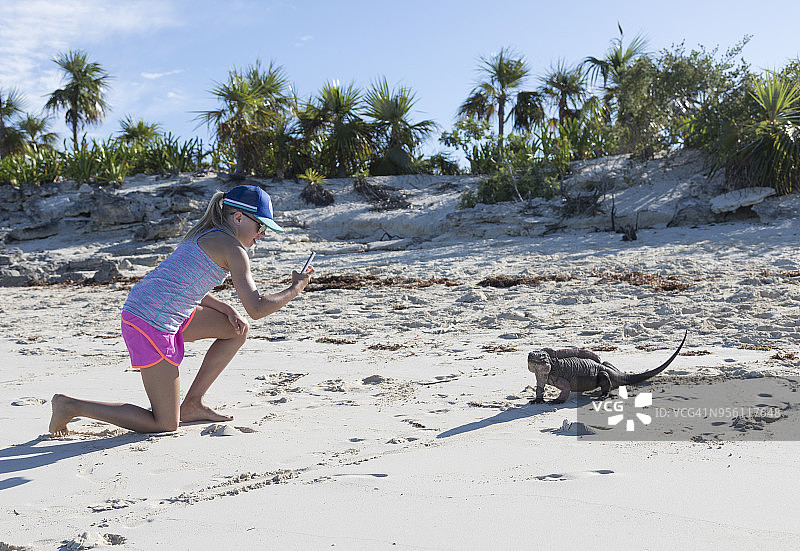 在海滩上拍摄阿伦岛埃克苏马鬣蜥的女孩_埃克苏马群岛_巴哈马图片素材