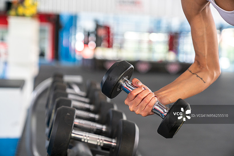 健身房内，女性力量训练，举哑铃准备锻炼。健身女孩在健身中心锻炼。美丽的混血亚裔高加索模特图片素材