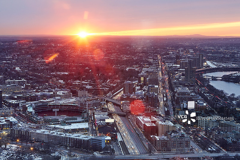 波士顿西部天际线日落航拍图片素材