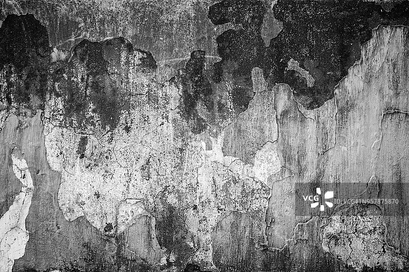 黑白风化石膏脱落混凝土墙暗角背景图片素材