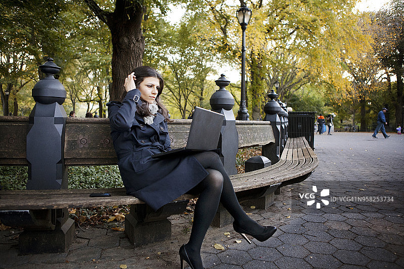 坐在中央公园的长椅上使用笔记本电脑的沉思的女人图片素材