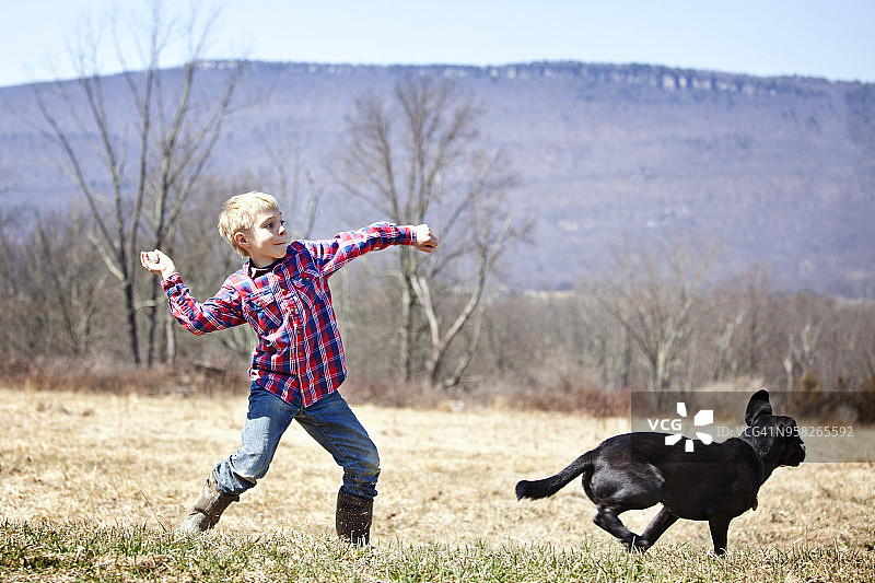 男孩在田野上和狗玩耍图片素材