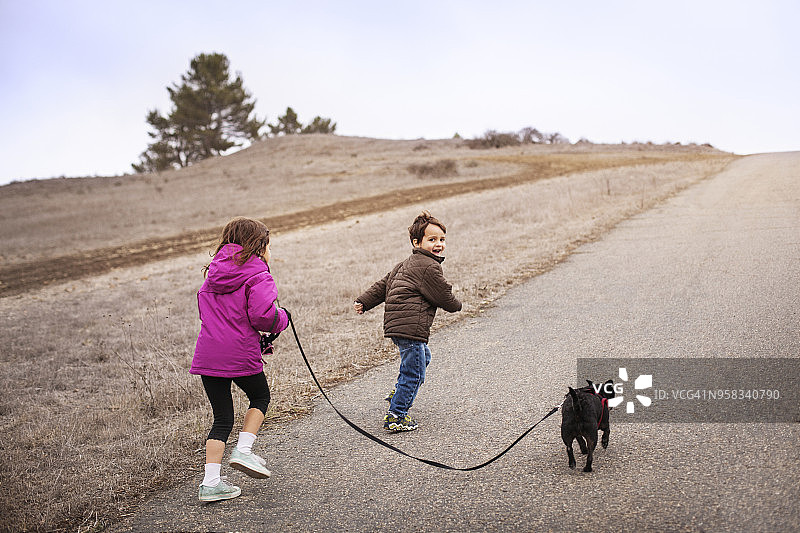 兄弟姐妹和狗在田野的道路上奔跑图片素材