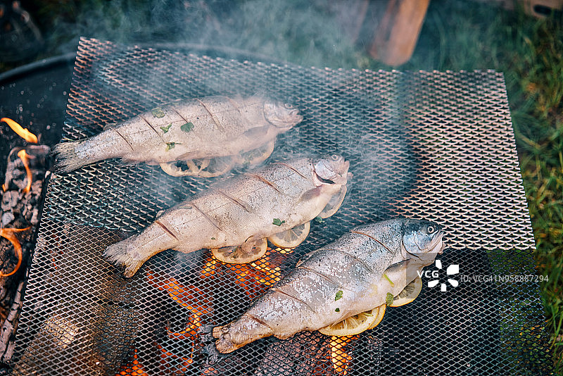 在篝火上烹饪柠檬烤鱼图片素材
