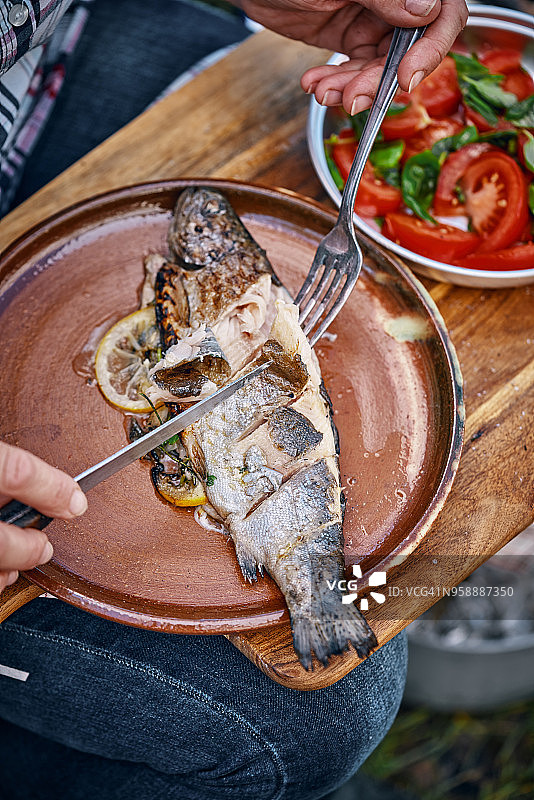 户外野餐用柠檬烤鱼配番茄沙拉图片素材