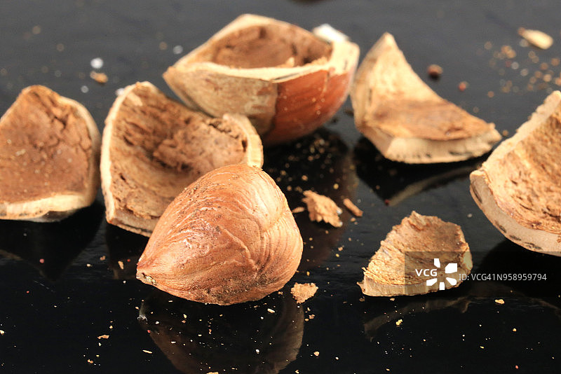 黑色背景上的碎榛子（榛属-榛）图片素材