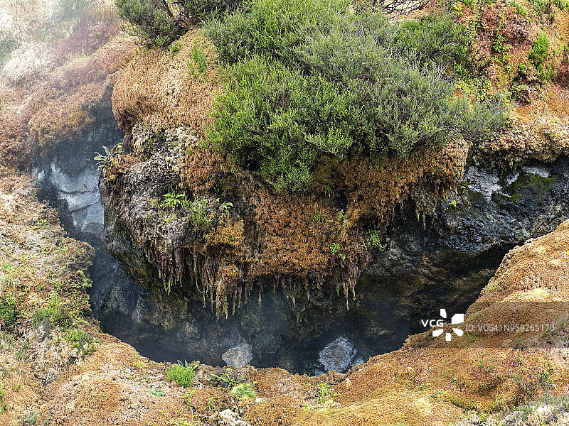 亚速尔群岛特塞拉岛火山喷气孔，岩石孔洞间喷出气体，周围环绕着苔藓和植物图片素材