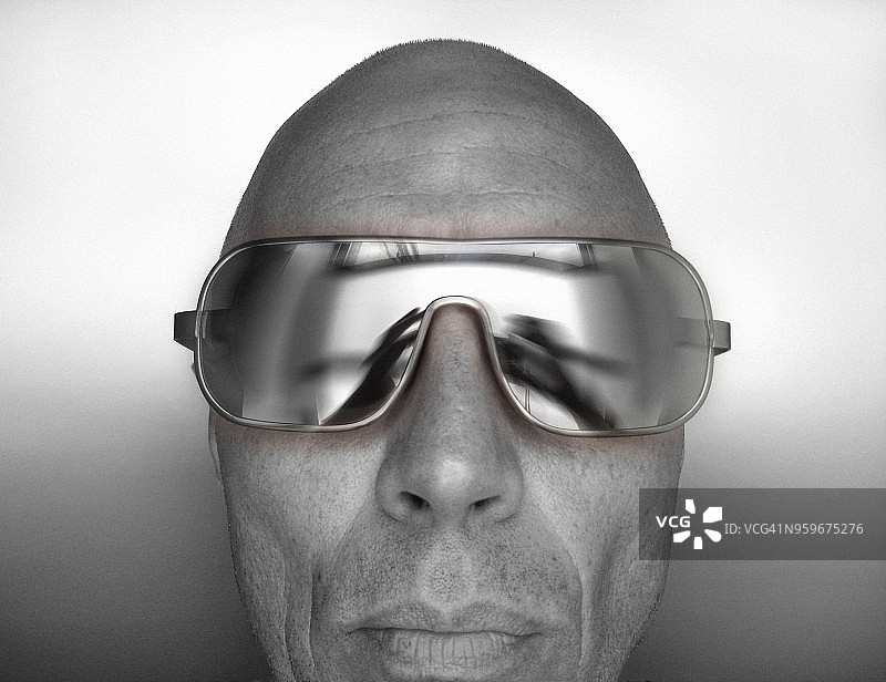 银色镜面太阳镜男士的低饱和度头像图片素材