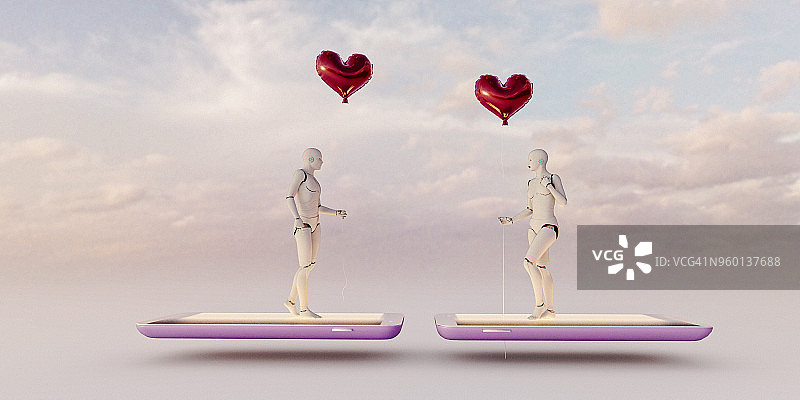 在线约会概念：男女人工智能相遇，手持红色气球站在手机上图片素材