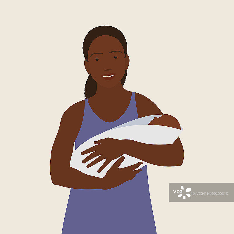 黑人单亲妈妈抱着新生儿插画图片素材