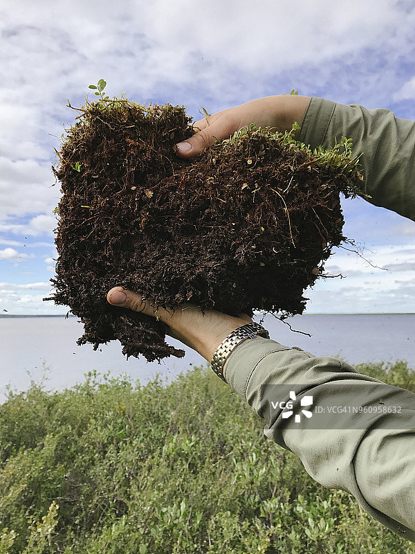 女子手捧土壤，背景为大海图片素材