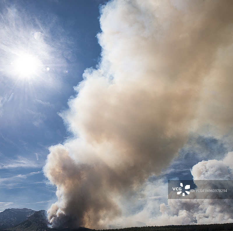 大提顿国家公园森林火灾中山脉冒烟的低角度景观图片素材