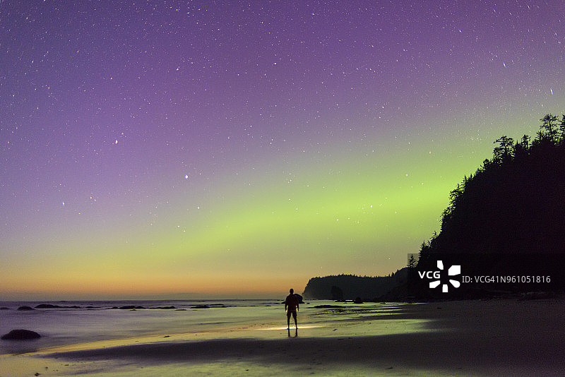 黄昏时分，徒步旅行者站在奥林匹克海岸，仰望星空图片素材