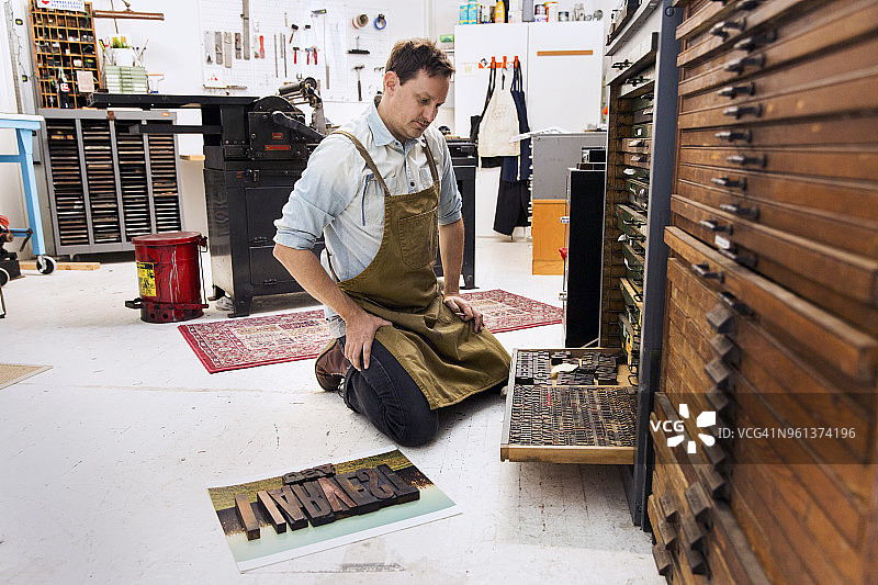 在印刷机旁观看木制字母的男子图片素材