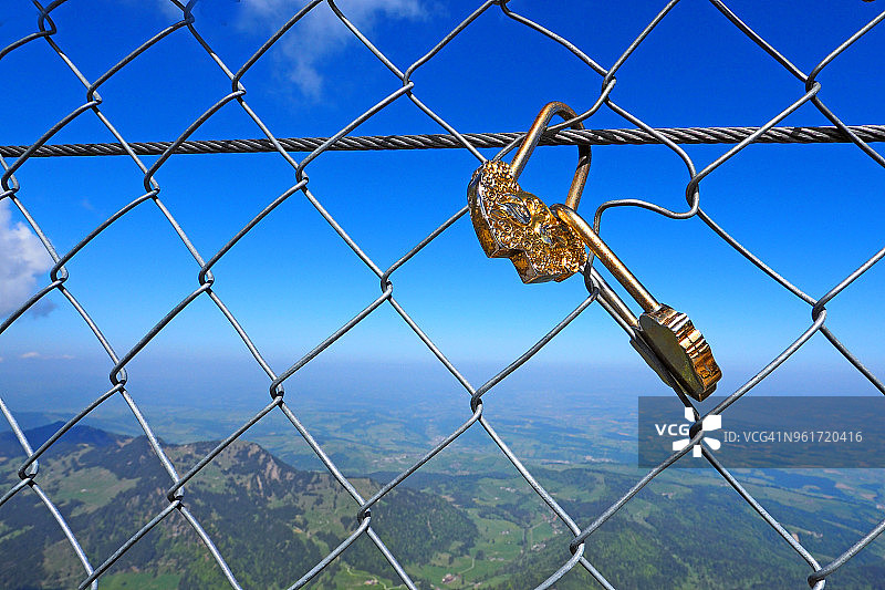 固定在金属网上的金色心形爱情锁图片素材