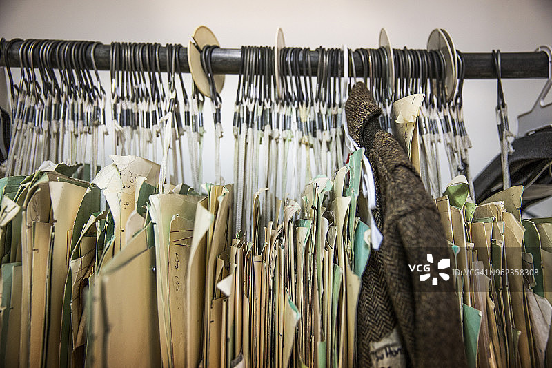 设计工作室里挂在衣架上的纸板图案和夹克图片素材