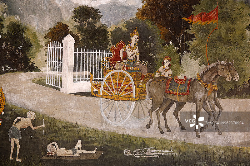 清迈帕拉多伊寺的湿壁画：佛陀一生的场景，佛陀为王子时离开宫殿，遇到衰老和死亡，泰国图片素材