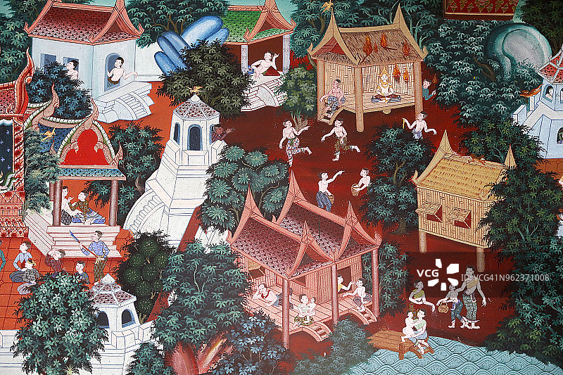 泰国华欣阿姆帕拉寺的壁画：Temiya Jataka，又名Muga-Pakkha Jataka，是佛陀前世之一图片素材