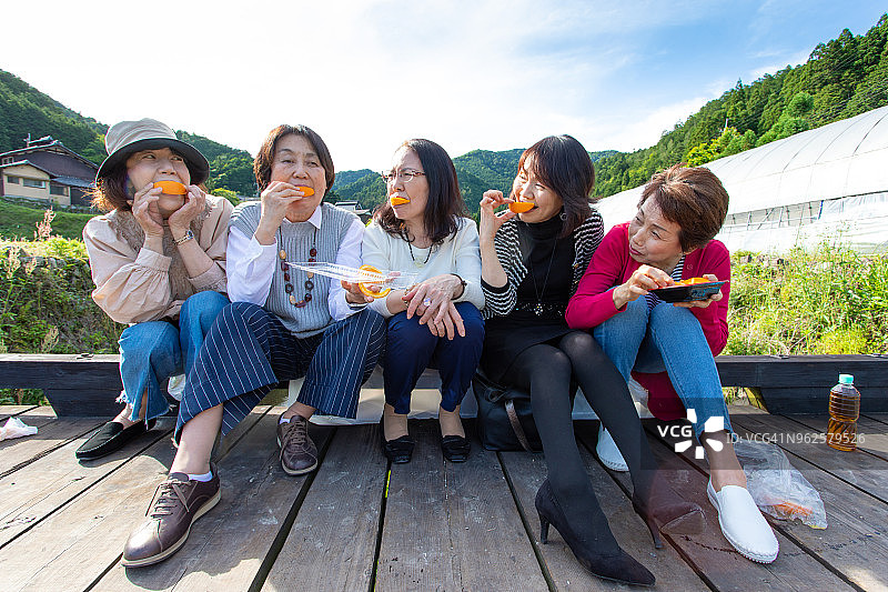 一群年长的日本妇女在吃水果图片素材