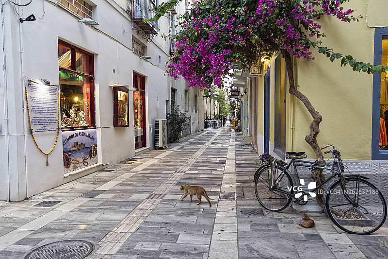 希腊纳夫普利翁老城，盛开三角梅的小巷图片素材