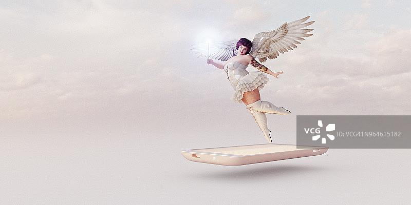 带着纹身，手持发光魔杖从智能手机屏幕上冒出来的超重仙女图片素材