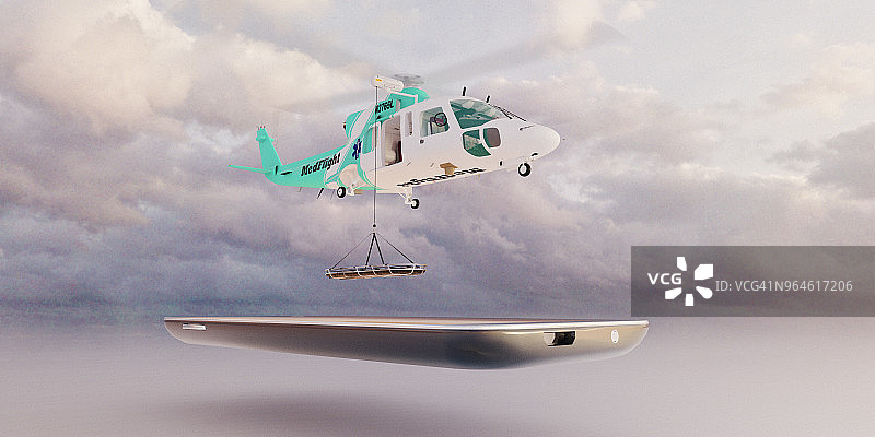 微型世界：智能手机上盘旋的紧急救援直升机图片素材