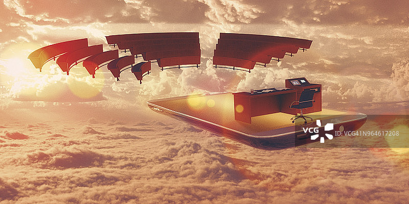 漂浮在云端的智能手机上的讲台和演讲厅座位图片素材