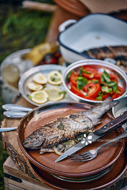 户外野餐用柠檬烤鱼配番茄沙拉图片素材