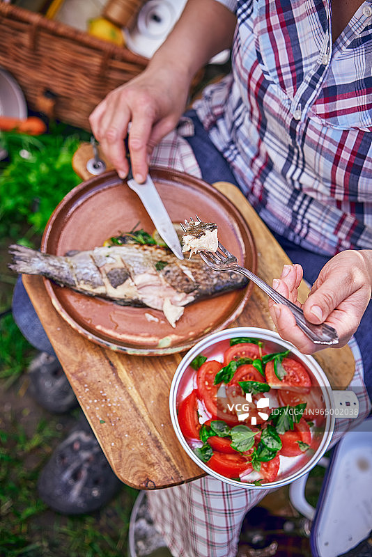 户外野餐用柠檬烤鱼配番茄沙拉图片素材