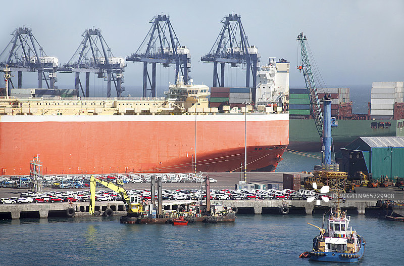 智利圣安东尼奥港：汽车、工业船只和起重机图片素材