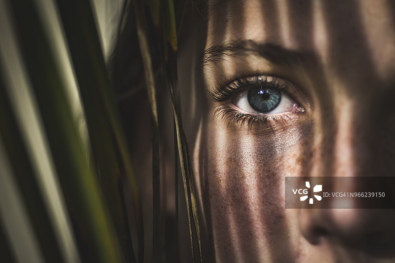 带有树叶的女孩眼睛特写图片素材