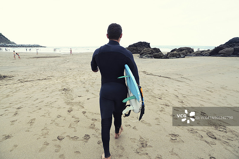 穿着潜水服的男子在海滩上行走，背着冲浪板的后视图图片素材