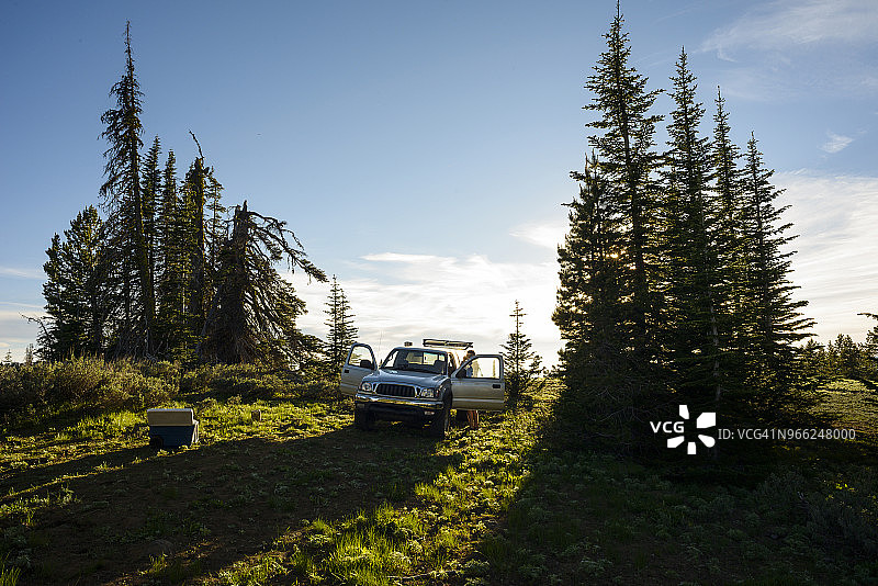晴天男人站在草地上的SUV旁图片素材