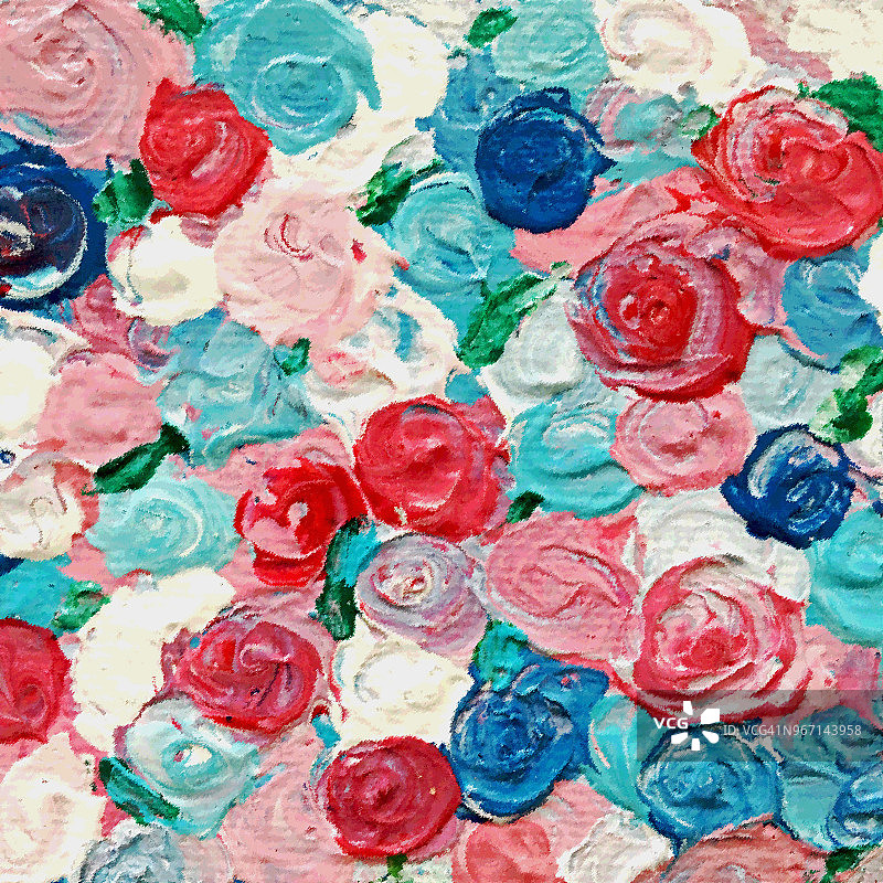 红白蓝玫瑰丙烯调色刀绘画图片素材