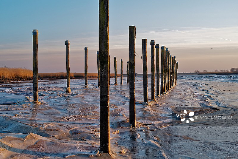 德国下萨克森州埃姆登佩特库姆河中木桩图片素材