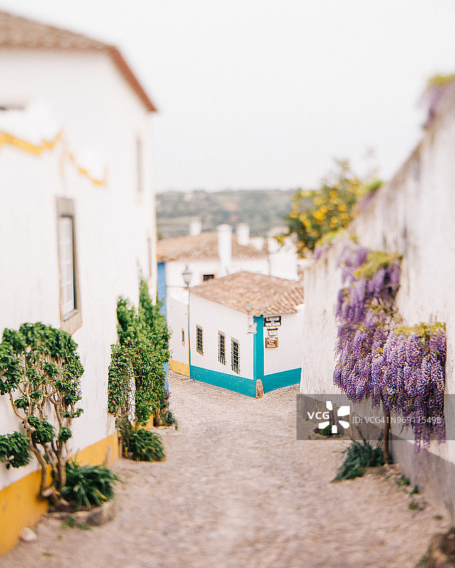 葡萄牙奥比多斯：盛开粉色紫藤的中世纪街道图片素材